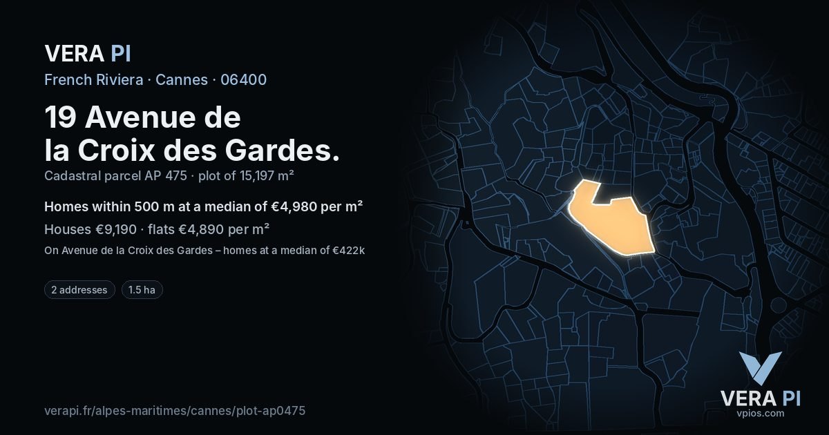 19 Avenue de la Croix des Gardes, Cannes at night – the plot lit, the parcels around coloured by the prices near them