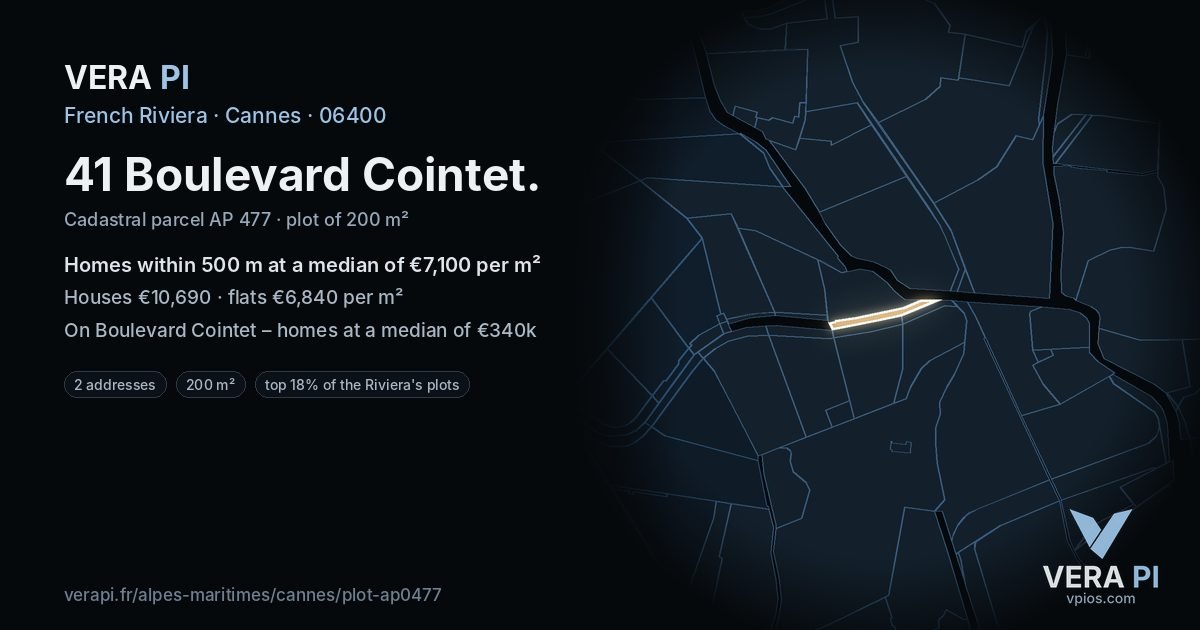 41 Boulevard Cointet, Cannes at night – the plot lit, the parcels around coloured by the prices near them