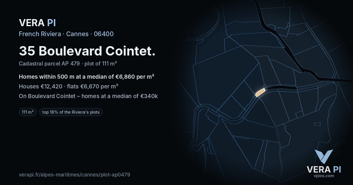 35 Boulevard Cointet, Cannes at night – the plot lit, the parcels around coloured by the prices near them