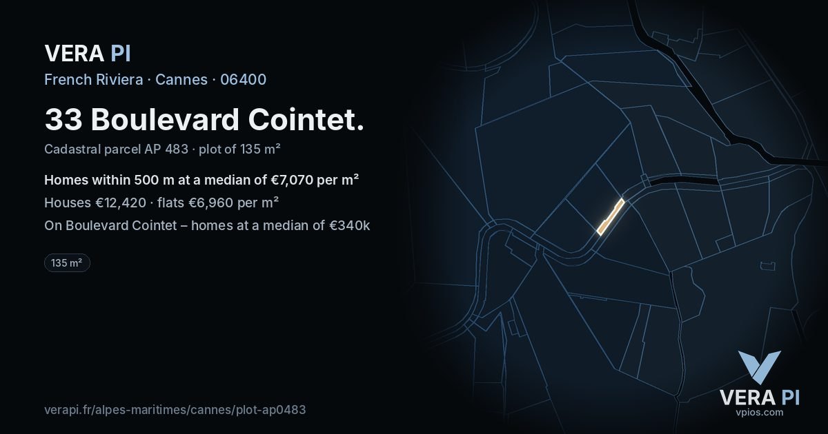33 Boulevard Cointet, Cannes at night – the plot lit, the parcels around coloured by the prices near them