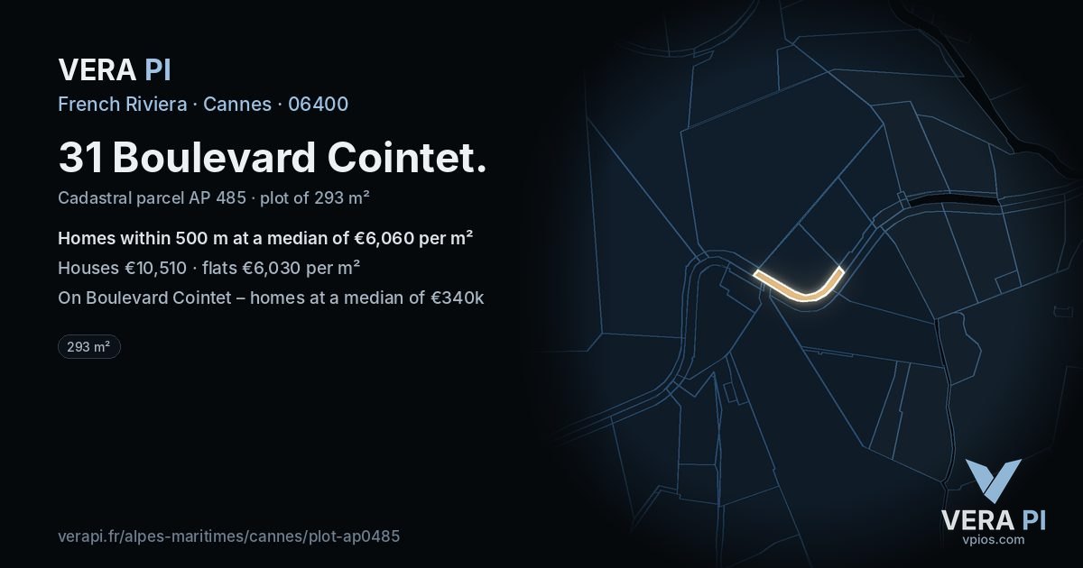 31 Boulevard Cointet, Cannes at night – the plot lit, the parcels around coloured by the prices near them