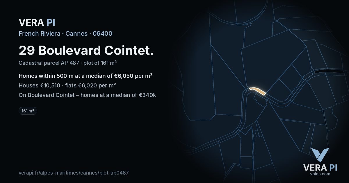 29 Boulevard Cointet, Cannes at night – the plot lit, the parcels around coloured by the prices near them