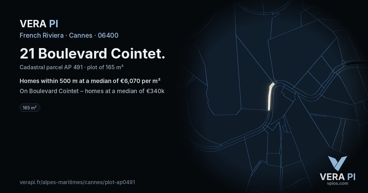 21 Boulevard Cointet, Cannes at night – the plot lit, the parcels around coloured by the prices near them