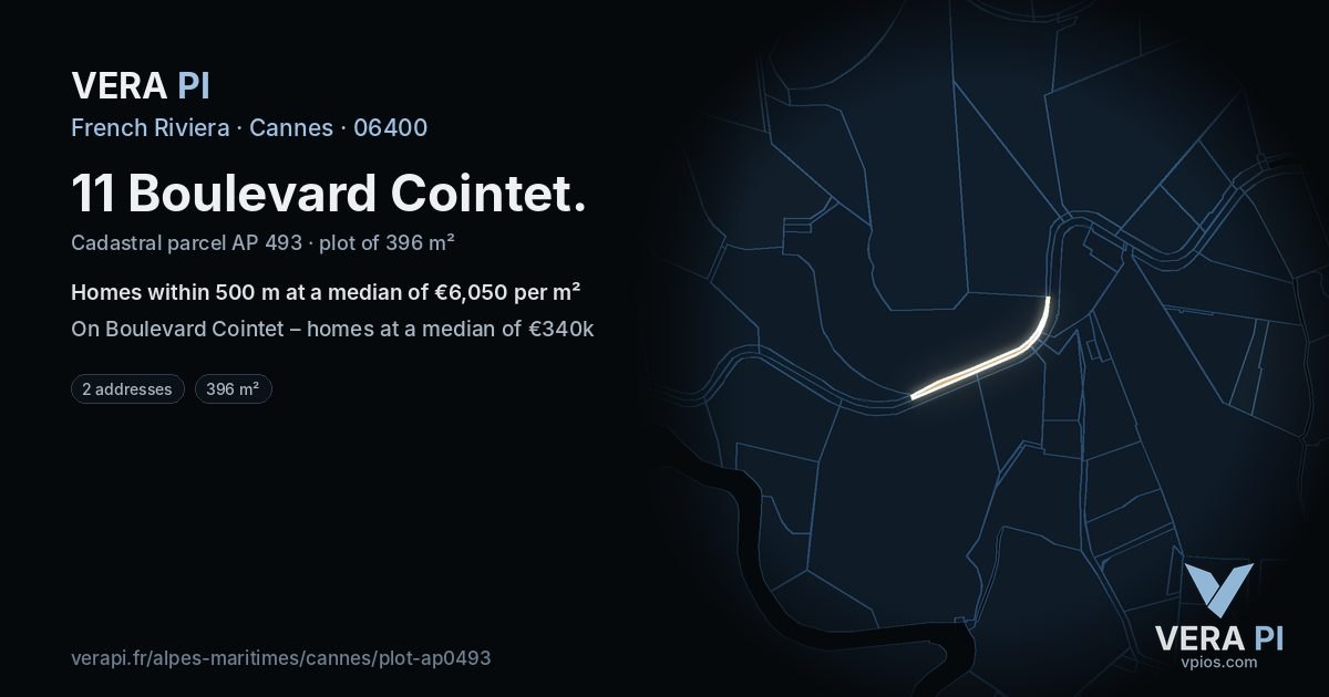 11 Boulevard Cointet, Cannes at night – the plot lit, the parcels around coloured by the prices near them