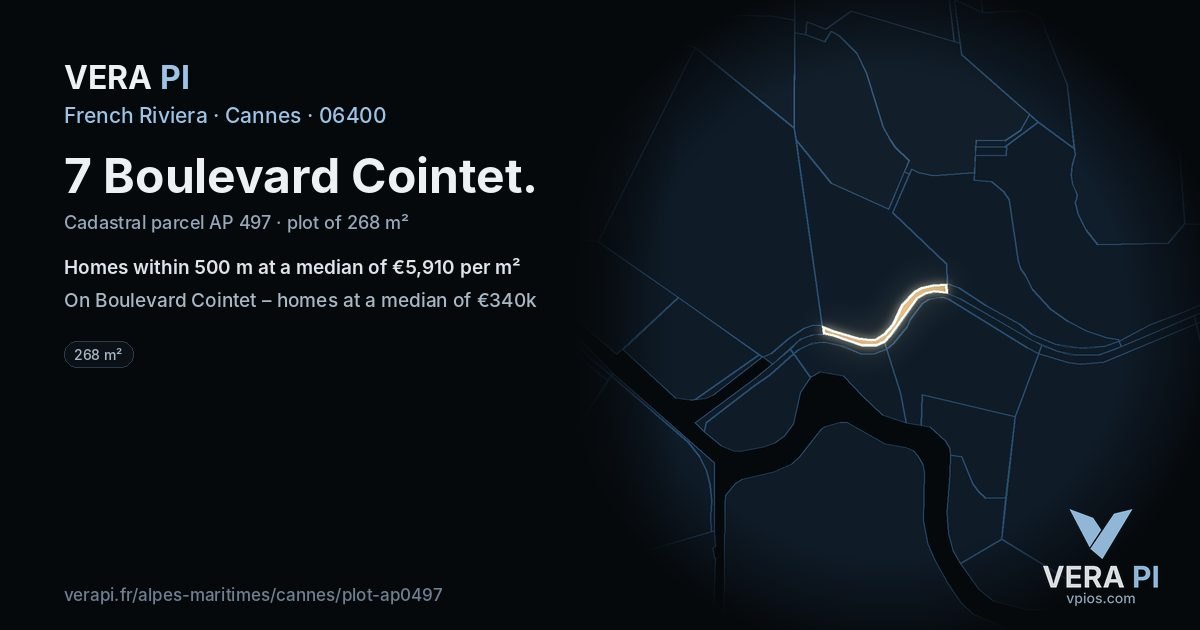 7 Boulevard Cointet, Cannes at night – the plot lit, the parcels around coloured by the prices near them