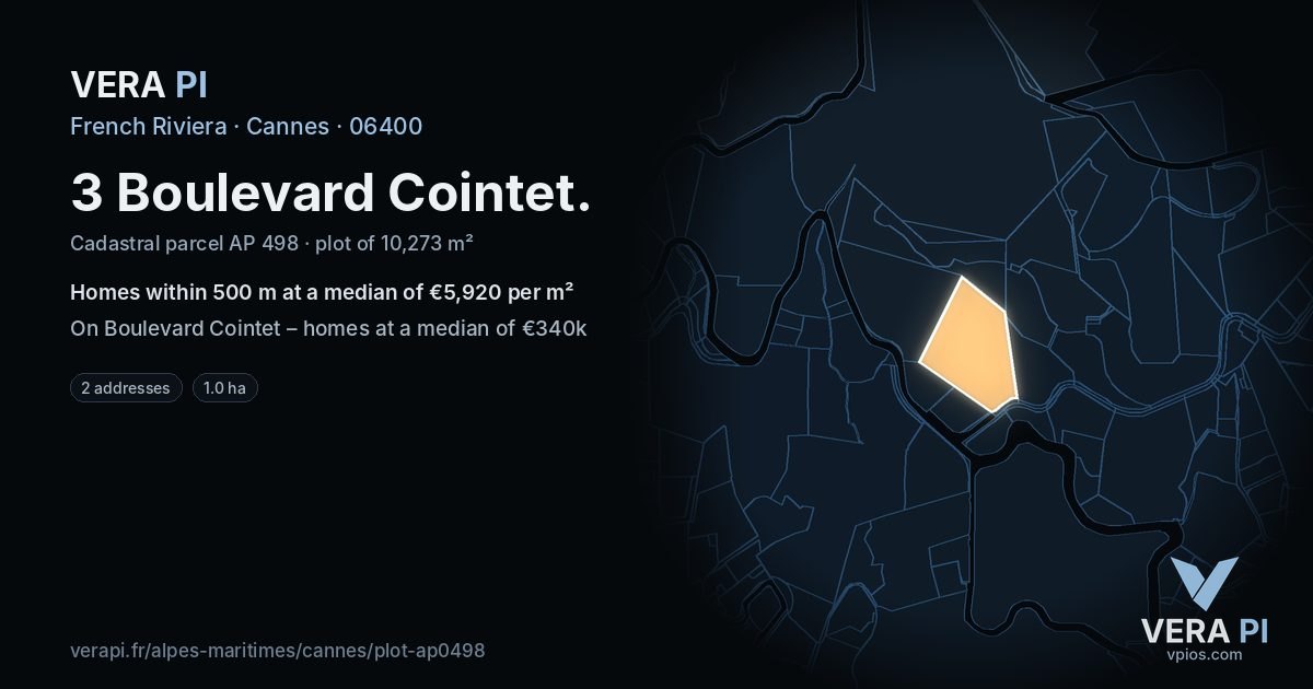 3 Boulevard Cointet, Cannes at night – the plot lit, the parcels around coloured by the prices near them