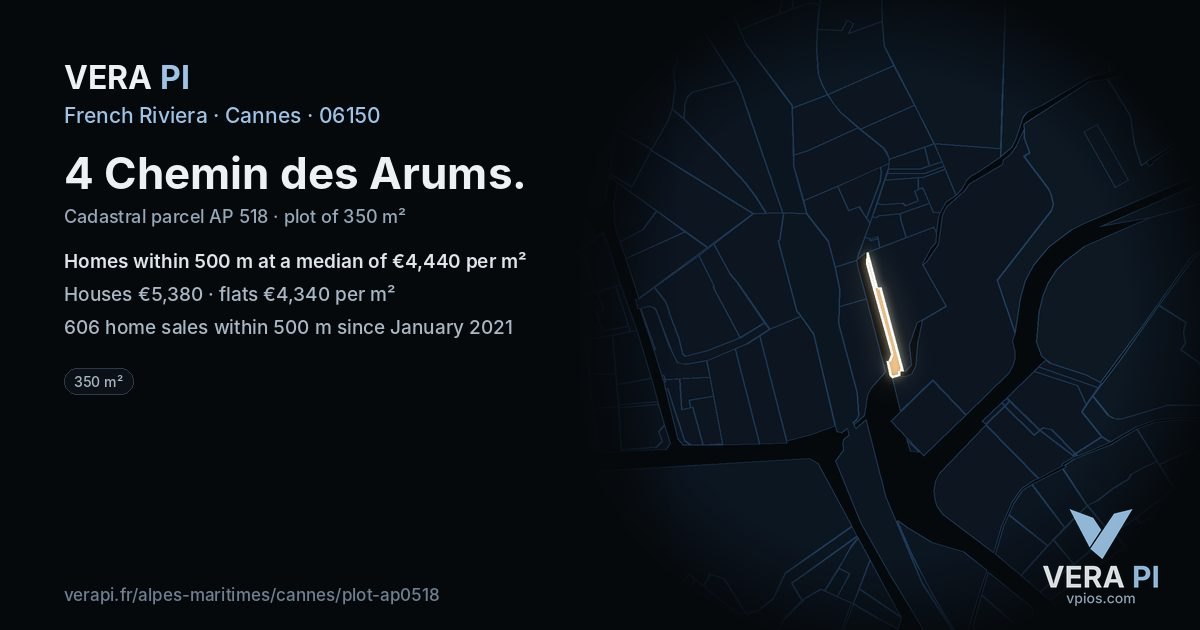 4 Chemin des Arums, Cannes at night – the plot lit, the parcels around coloured by the prices near them