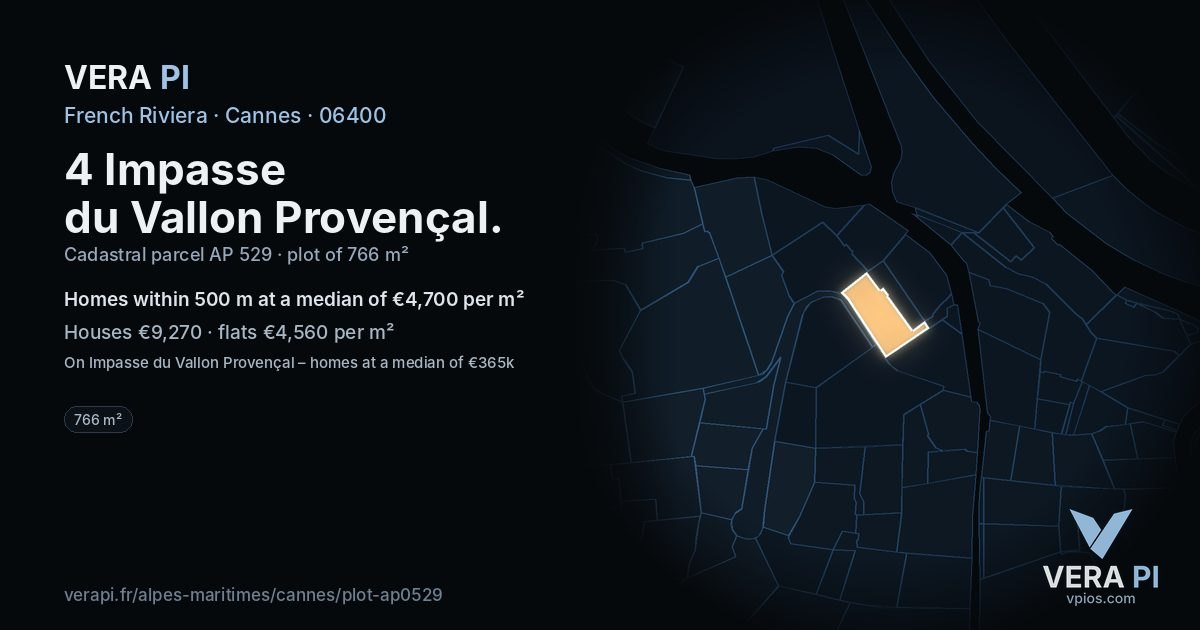 4 Impasse du Vallon Provençal, Cannes at night – the plot lit, the parcels around coloured by the prices near them