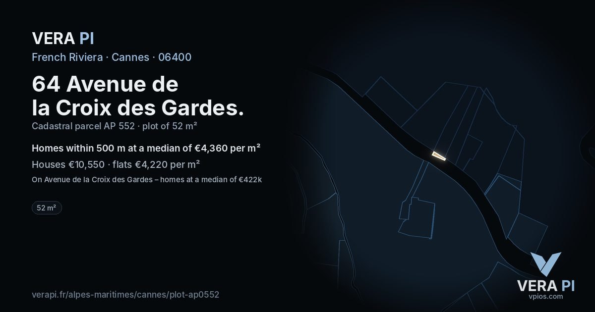 64 Avenue de la Croix des Gardes, Cannes at night – the plot lit, the parcels around coloured by the prices near them