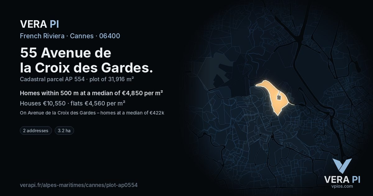 55 Avenue de la Croix des Gardes, Cannes at night – the plot lit, the parcels around coloured by the prices near them