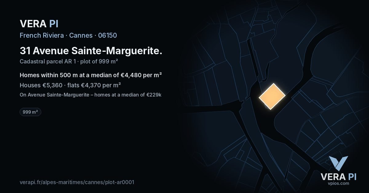 31 Avenue Sainte-Marguerite, Cannes at night – the plot lit, the parcels around coloured by the prices near them