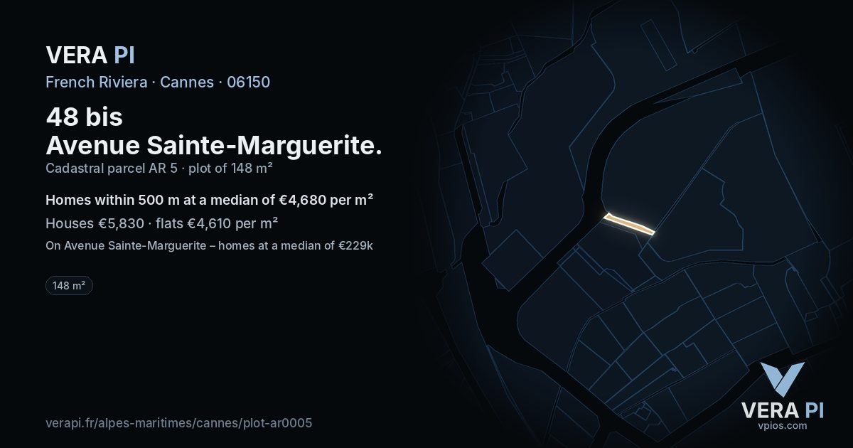 48 bis Avenue Sainte-Marguerite, Cannes at night – the plot lit, the parcels around coloured by the prices near them