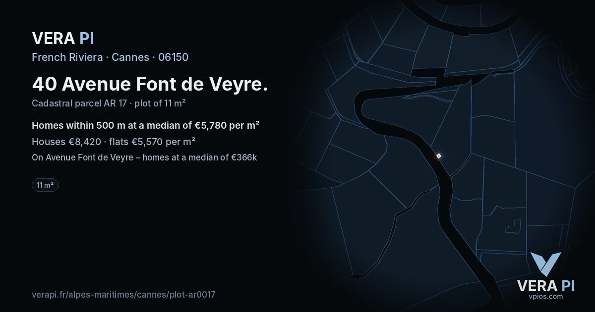 40 Avenue Font de Veyre, Cannes at night – the plot lit, the parcels around coloured by the prices near them