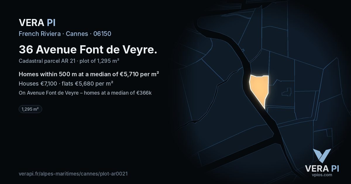 36 Avenue Font de Veyre, Cannes at night – the plot lit, the parcels around coloured by the prices near them