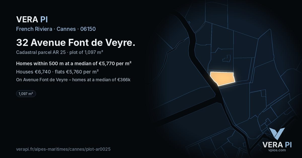 32 Avenue Font de Veyre, Cannes at night – the plot lit, the parcels around coloured by the prices near them