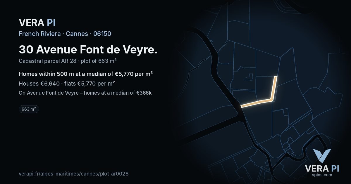 30 Avenue Font de Veyre, Cannes at night – the plot lit, the parcels around coloured by the prices near them