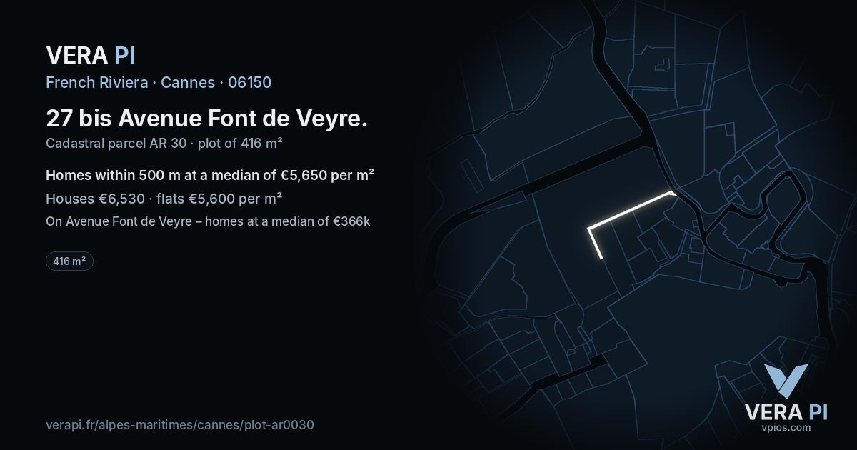 27 bis Avenue Font de Veyre, Cannes at night – the plot lit, the parcels around coloured by the prices near them