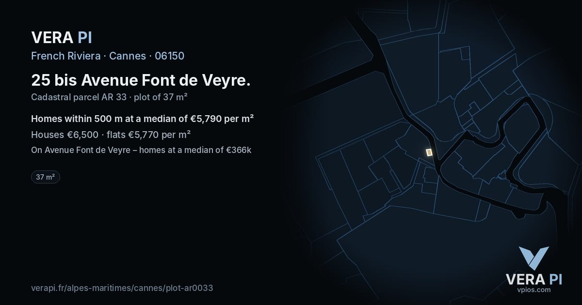 25 bis Avenue Font de Veyre, Cannes at night – the plot lit, the parcels around coloured by the prices near them