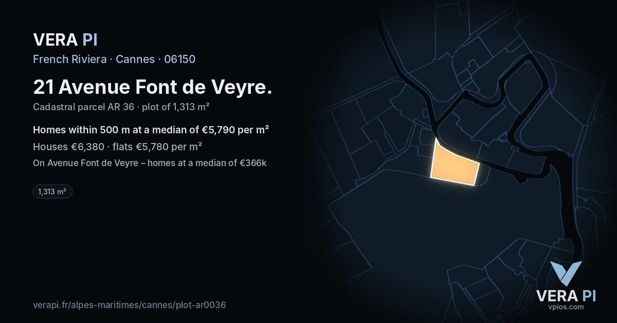 21 Avenue Font de Veyre, Cannes at night – the plot lit, the parcels around coloured by the prices near them