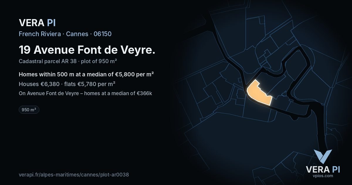 19 Avenue Font de Veyre, Cannes at night – the plot lit, the parcels around coloured by the prices near them