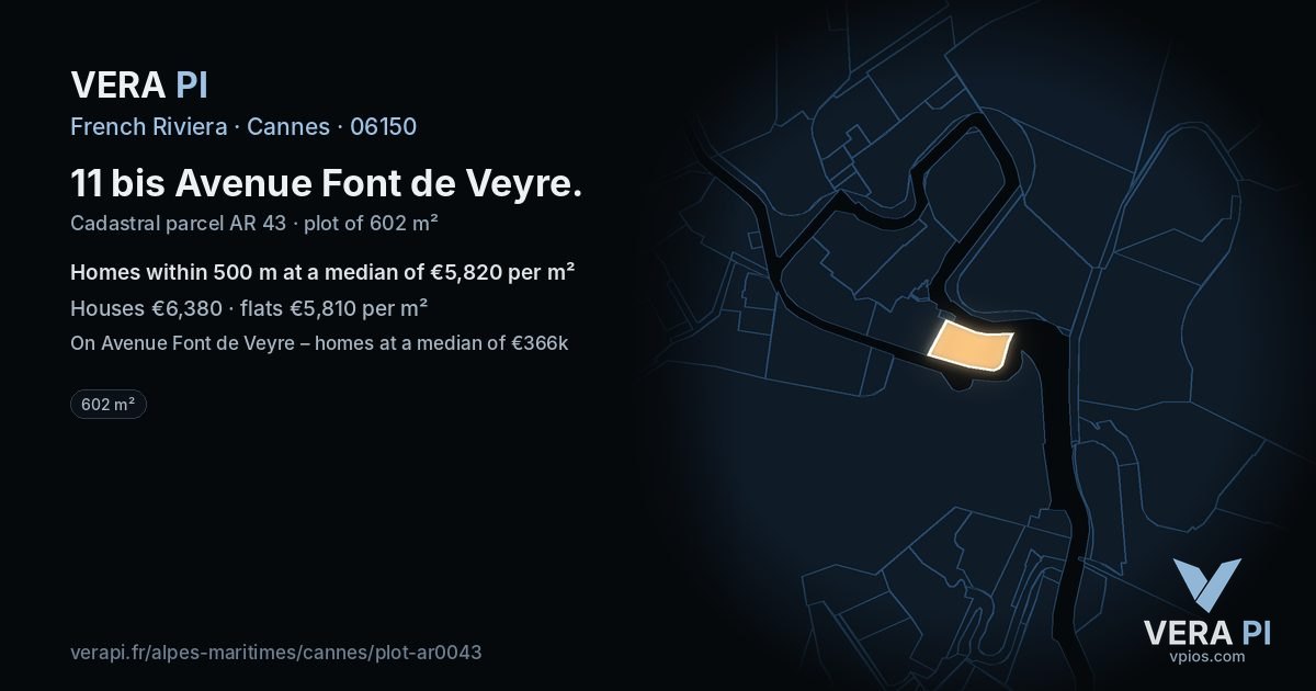 11 bis Avenue Font de Veyre, Cannes at night – the plot lit, the parcels around coloured by the prices near them