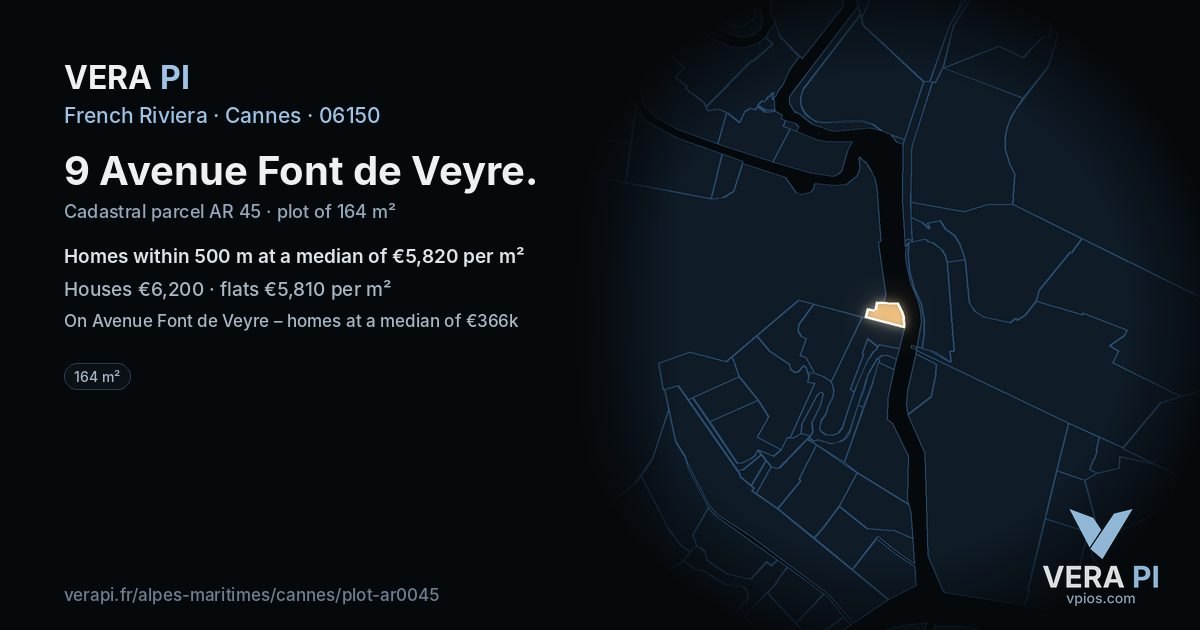 9 Avenue Font de Veyre, Cannes at night – the plot lit, the parcels around coloured by the prices near them