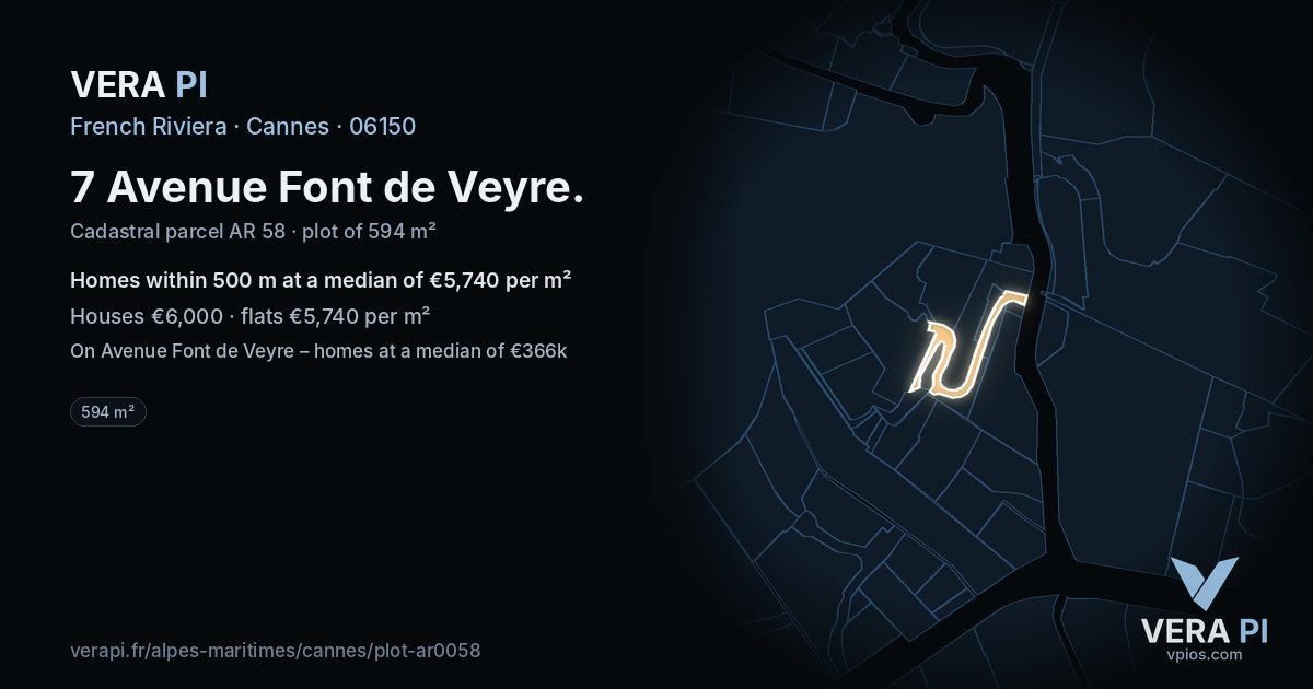 7 Avenue Font de Veyre, Cannes at night – the plot lit, the parcels around coloured by the prices near them