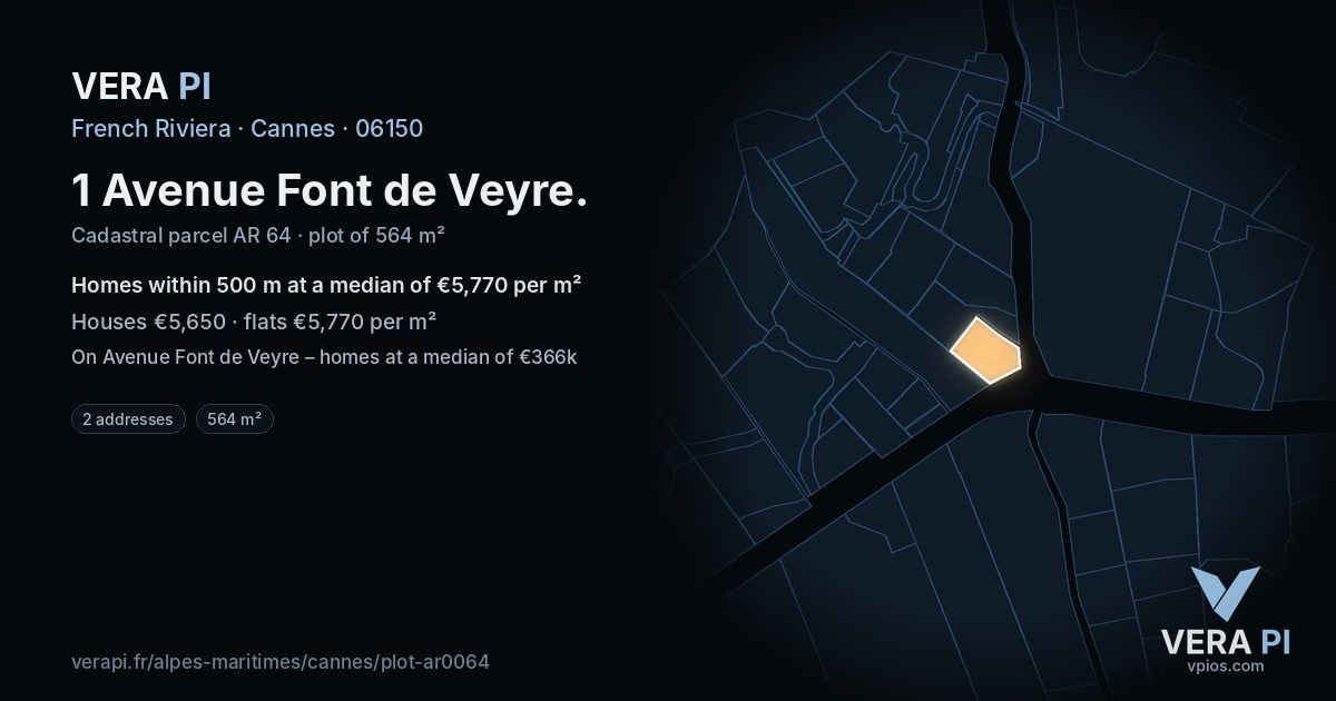 1 Avenue Font de Veyre, Cannes at night – the plot lit, the parcels around coloured by the prices near them