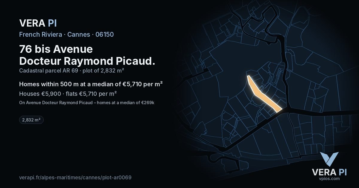 76 bis Avenue Docteur Raymond Picaud, Cannes at night – the plot lit, the parcels around coloured by the prices near them