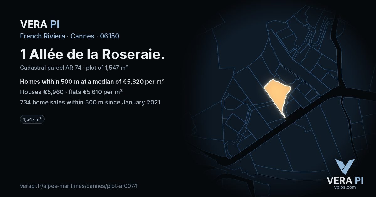 1 Allée de la Roseraie, Cannes at night – the plot lit, the parcels around coloured by the prices near them