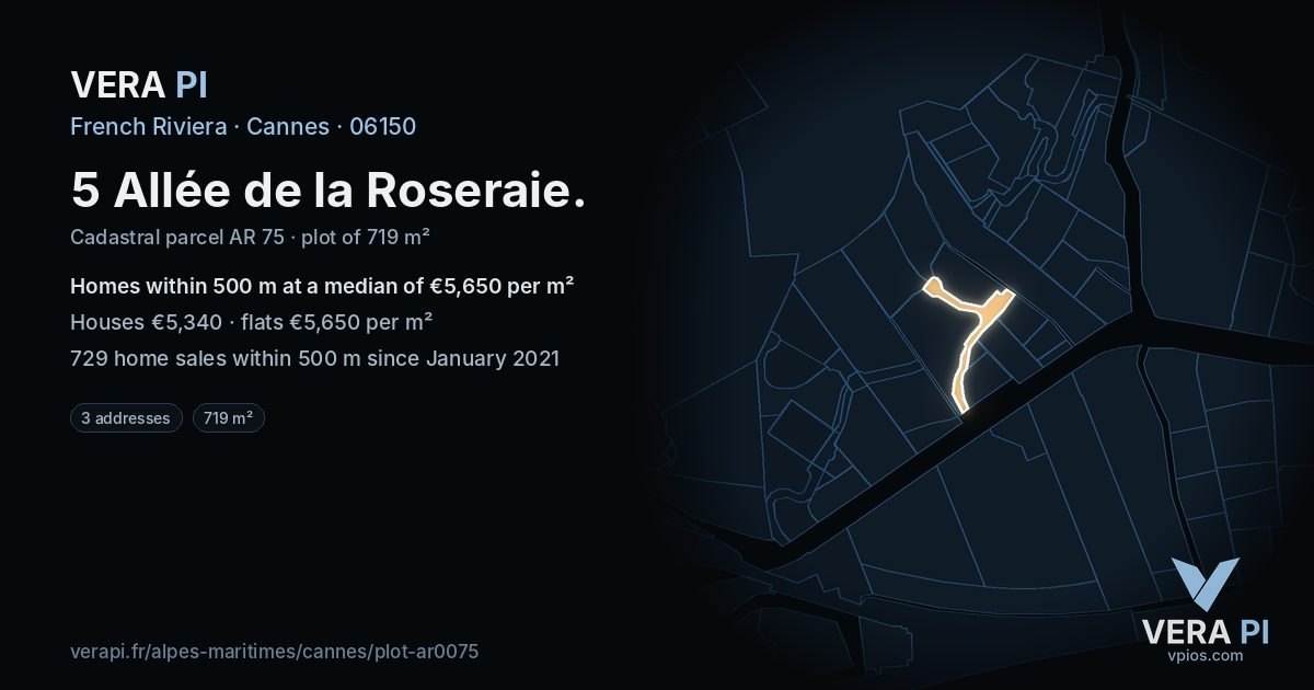 5 Allée de la Roseraie, Cannes at night – the plot lit, the parcels around coloured by the prices near them