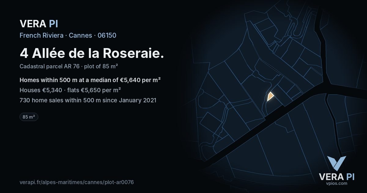 4 Allée de la Roseraie, Cannes at night – the plot lit, the parcels around coloured by the prices near them