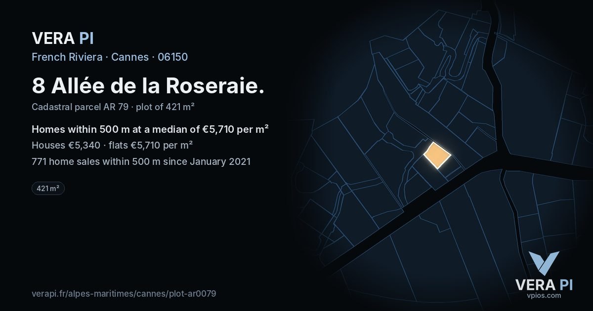 8 Allée de la Roseraie, Cannes at night – the plot lit, the parcels around coloured by the prices near them