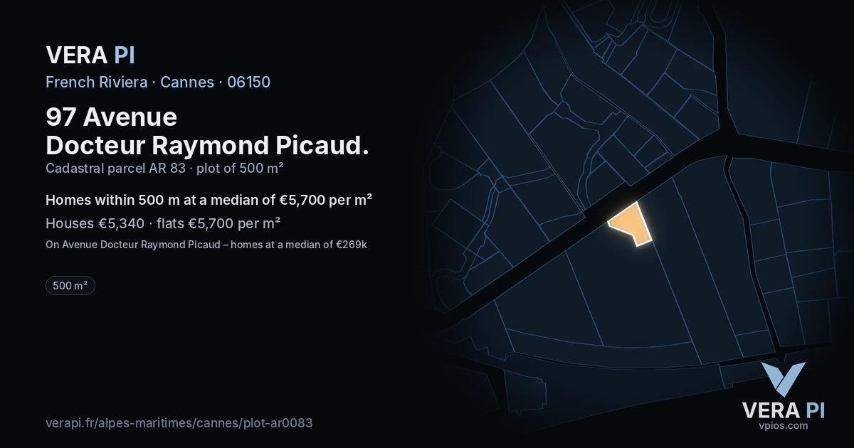 97 Avenue Docteur Raymond Picaud, Cannes at night – the plot lit, the parcels around coloured by the prices near them