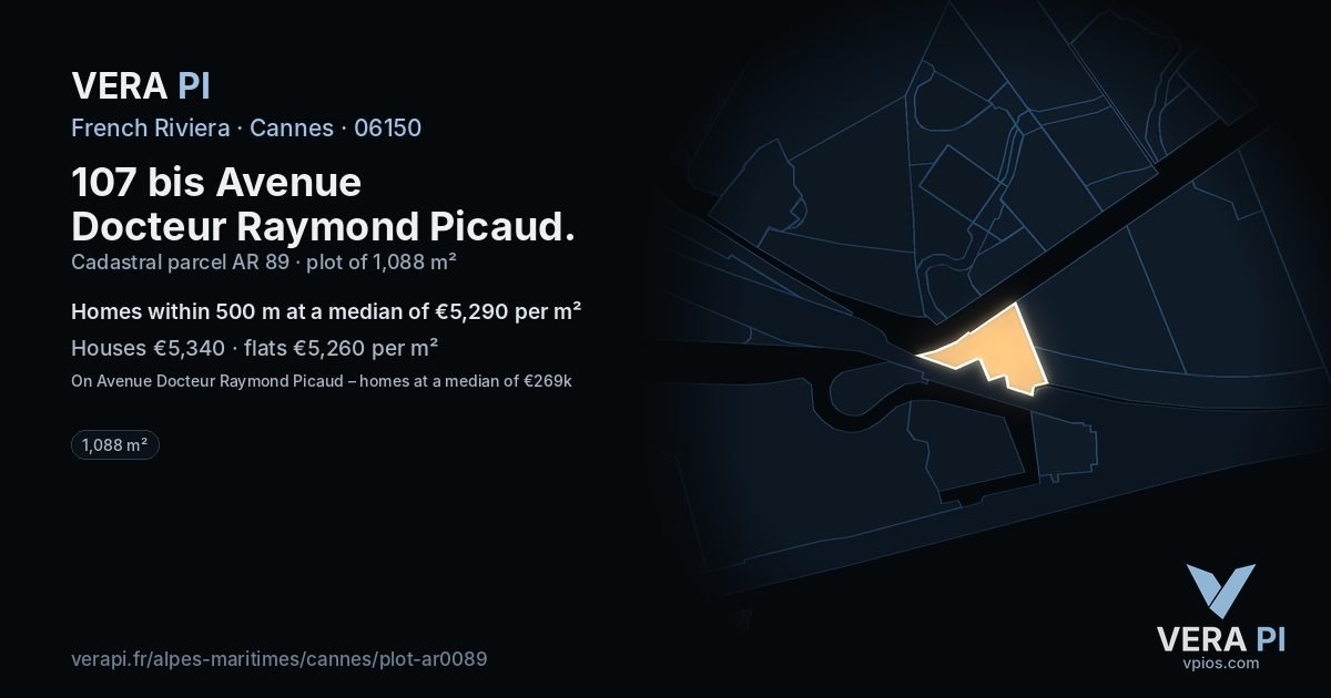 107 bis Avenue Docteur Raymond Picaud, Cannes at night – the plot lit, the parcels around coloured by the prices near them
