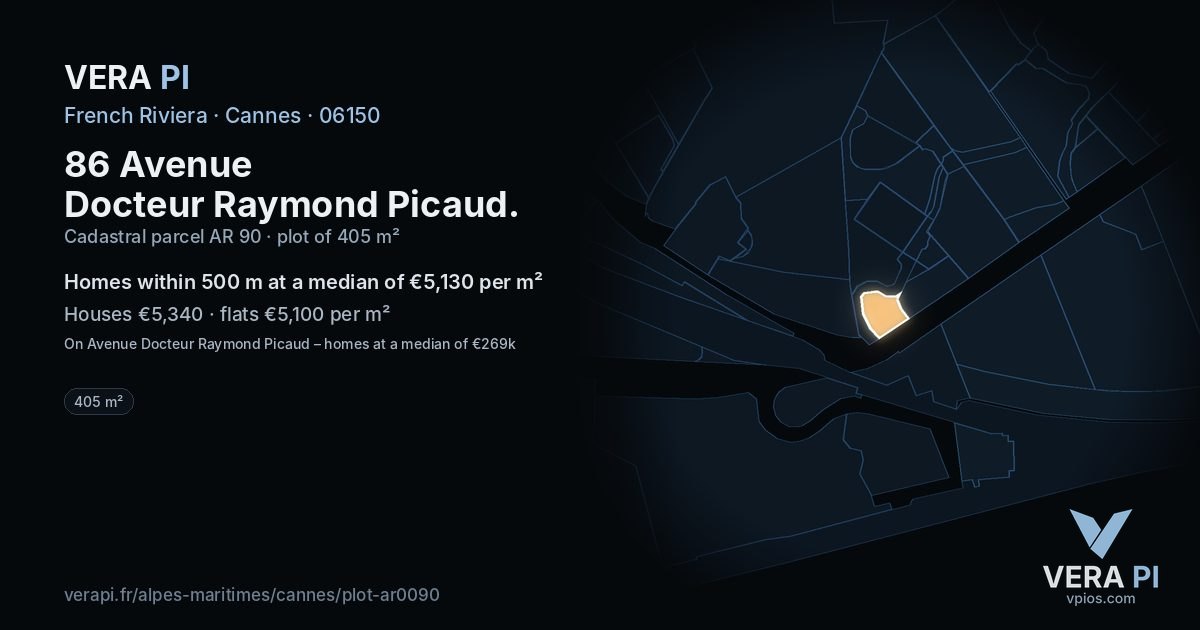 86 Avenue Docteur Raymond Picaud, Cannes at night – the plot lit, the parcels around coloured by the prices near them