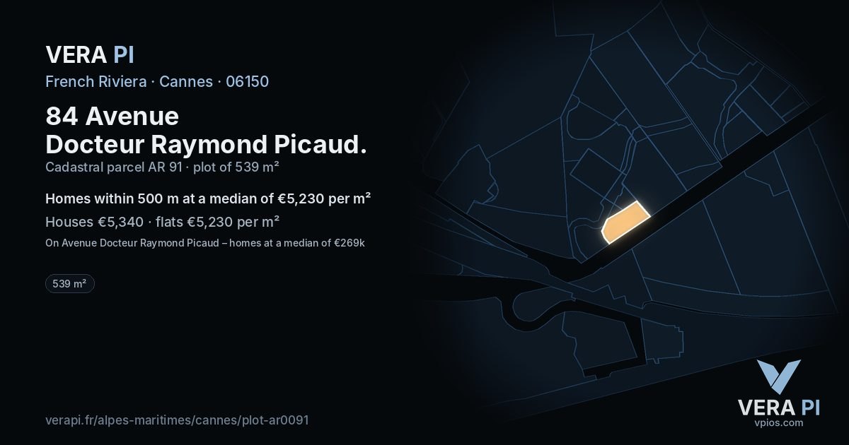 84 Avenue Docteur Raymond Picaud, Cannes at night – the plot lit, the parcels around coloured by the prices near them