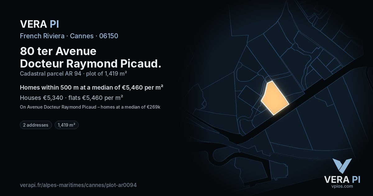 80 ter Avenue Docteur Raymond Picaud, Cannes at night – the plot lit, the parcels around coloured by the prices near them