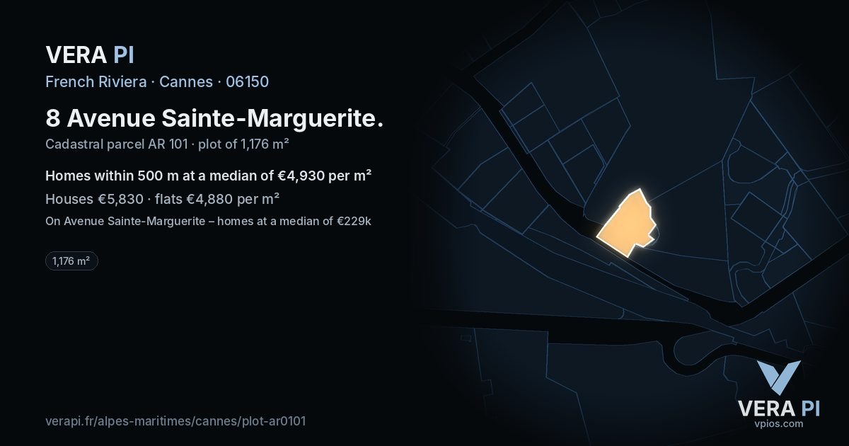 8 Avenue Sainte-Marguerite, Cannes at night – the plot lit, the parcels around coloured by the prices near them
