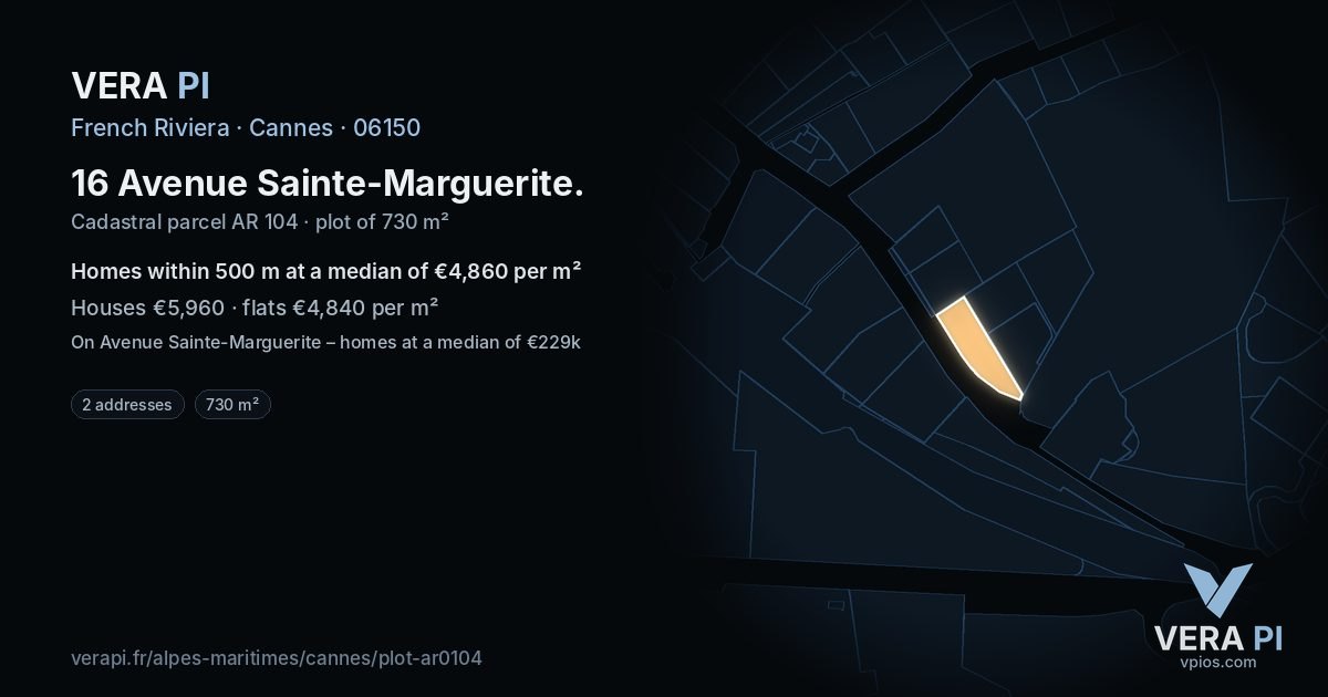 16 Avenue Sainte-Marguerite, Cannes at night – the plot lit, the parcels around coloured by the prices near them