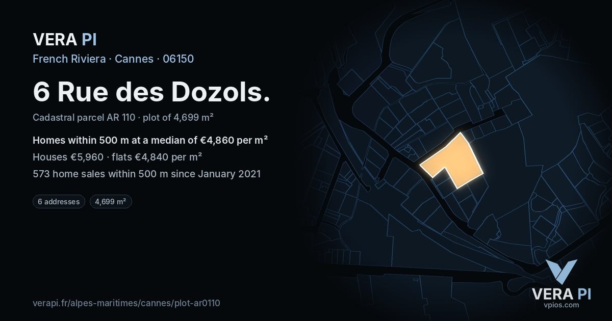 6 Rue des Dozols, Cannes at night – the plot lit, the parcels around coloured by the prices near them