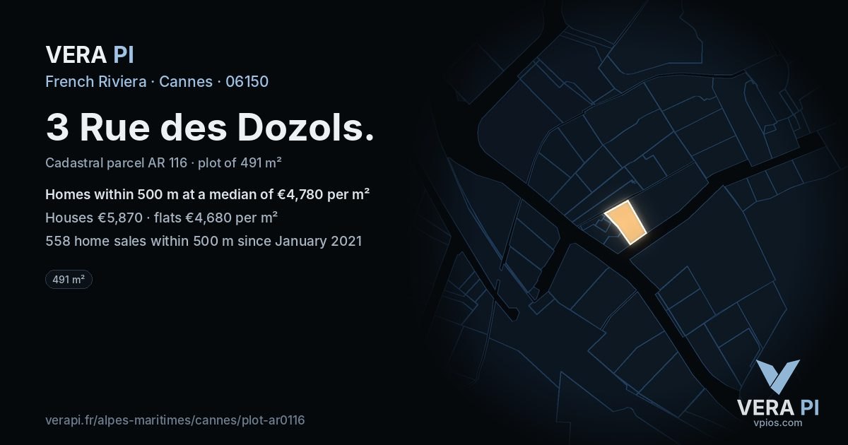 3 Rue des Dozols, Cannes at night – the plot lit, the parcels around coloured by the prices near them