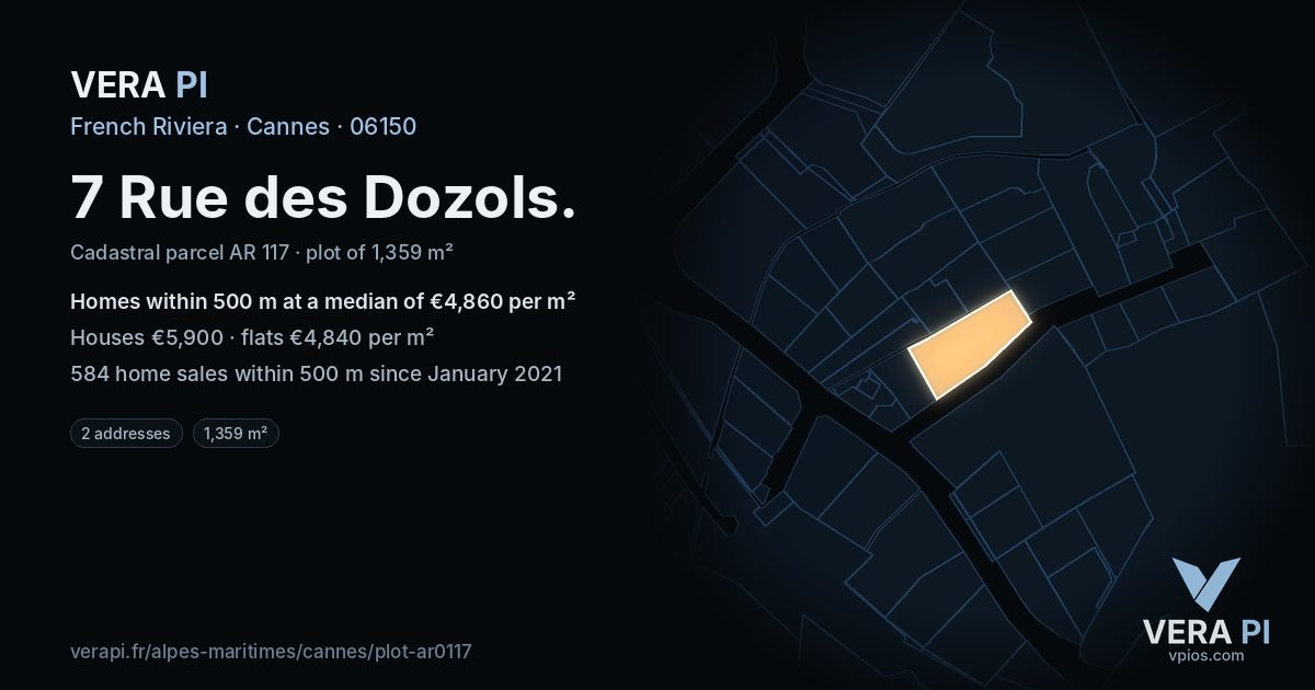 7 Rue des Dozols, Cannes at night – the plot lit, the parcels around coloured by the prices near them