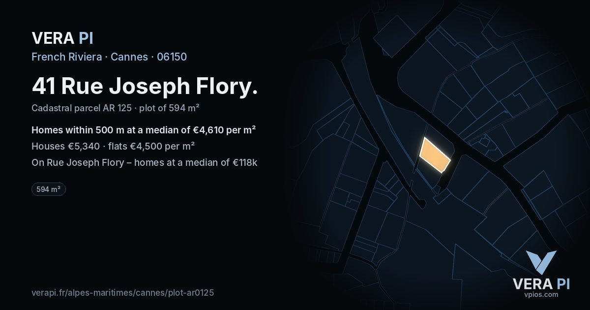41 Rue Joseph Flory, Cannes at night – the plot lit, the parcels around coloured by the prices near them