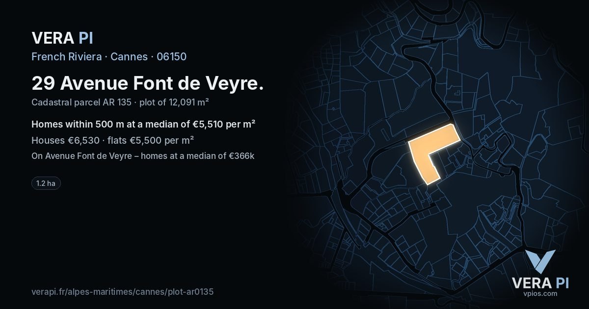 29 Avenue Font de Veyre, Cannes at night – the plot lit, the parcels around coloured by the prices near them