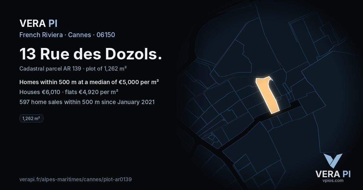 13 Rue des Dozols, Cannes at night – the plot lit, the parcels around coloured by the prices near them