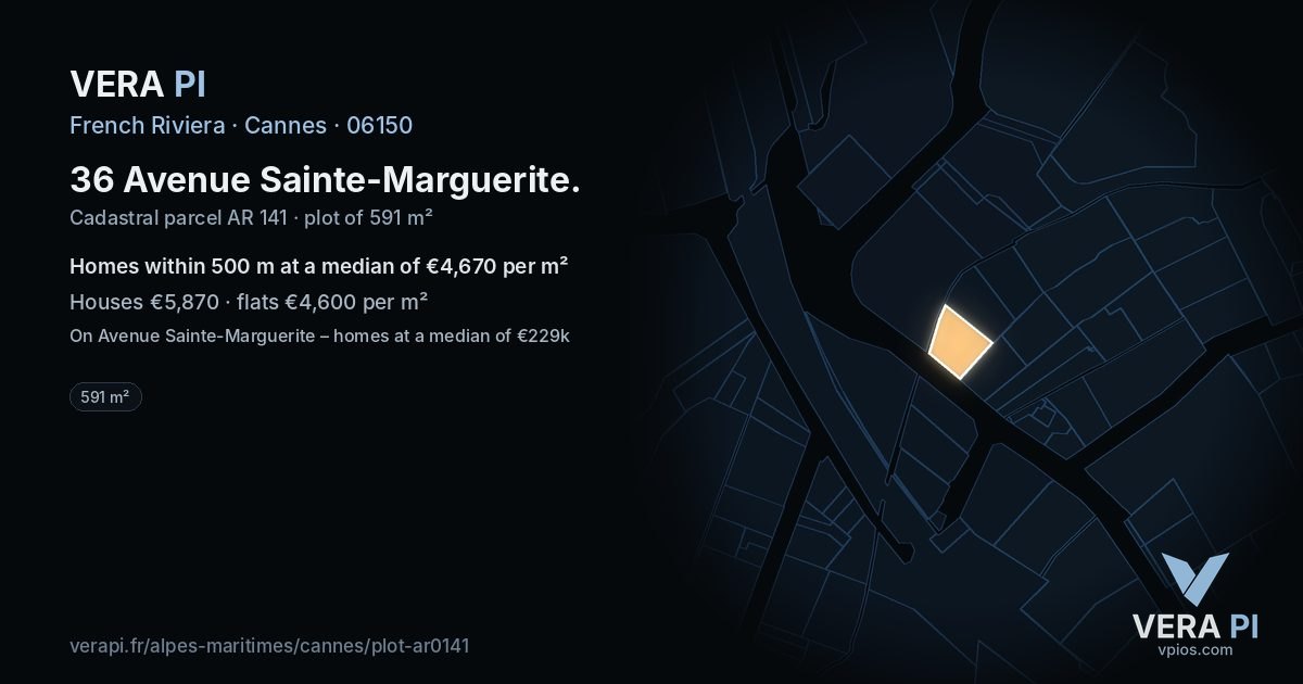 36 Avenue Sainte-Marguerite, Cannes at night – the plot lit, the parcels around coloured by the prices near them