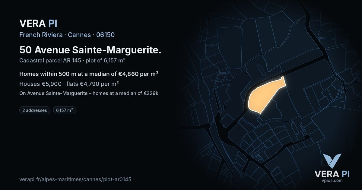 50 Avenue Sainte-Marguerite, Cannes at night – the plot lit, the parcels around coloured by the prices near them