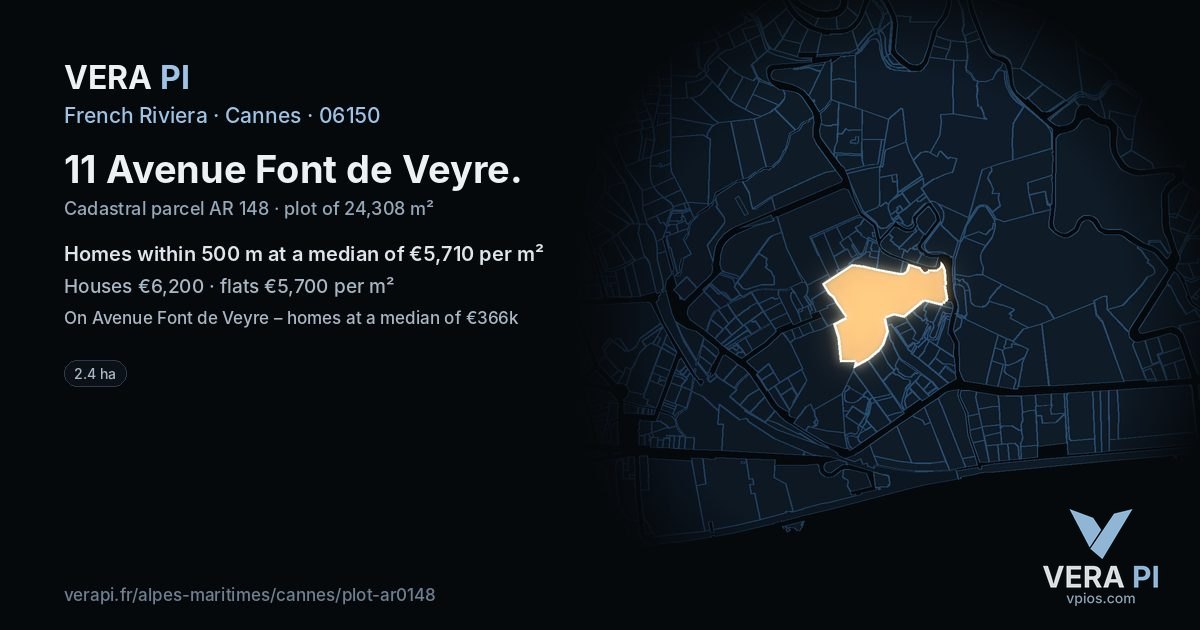 11 Avenue Font de Veyre, Cannes at night – the plot lit, the parcels around coloured by the prices near them