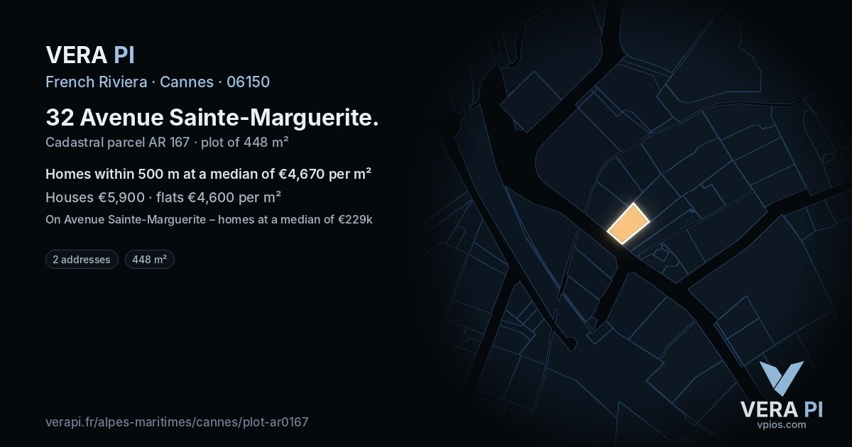 32 Avenue Sainte-Marguerite, Cannes at night – the plot lit, the parcels around coloured by the prices near them